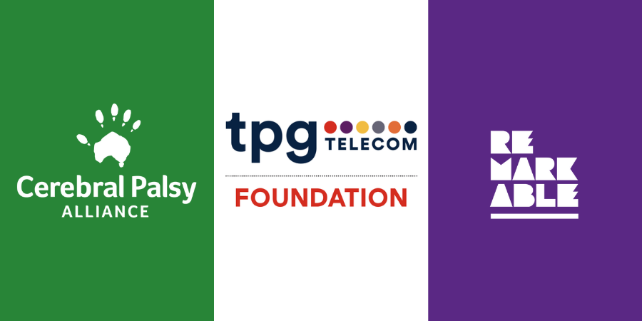 Rectangle tile featuring three logos. Left is Cerebral Palsy Alliance logo against a green background. Centre is TPG Foundation logo against a white background. Right is Remarkable logo against a purple background.