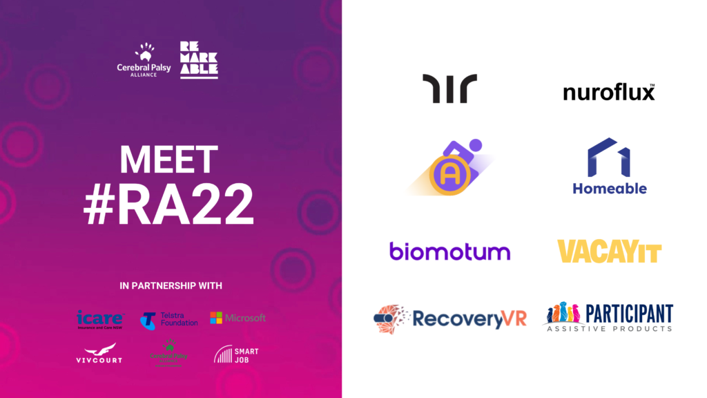 Rectangle promotional tile. Left-half features a purple and pink background with white CPA and Remarkable logos at the top, underneath is white text 'Meet #RA22' and at the bottom are the logos of Remarkable's six partners. The right-half features a white background and the logos of the eight startups in Remarkable’s 2022 cohort.