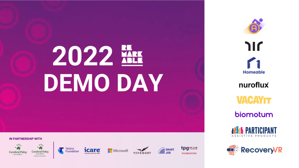 The left-half features a purple and pink background with white CPA and CPARL logos in top corners, underneath is white text 2022 [Remarkable Logo] Accelerator Demo Day’ and at the bottom are the logos of Remarkable's six partners. The right-half features a white background and the logos of the eight startups in Remarkable’s 2022 cohort.