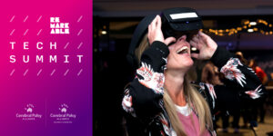 Banner image, left hand side a pink and purple background with the Remarkable Tech Summit logo along with the Cerebral Palsy Alliance Logo and the Cerebral Palsy Alliance Research Foundation logo. Right hand side a person with long blonde hair wearing a virtual reality headset gazing up with their hands on the device.