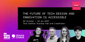Purple and pink background. Black box in the centre includes white text 'Future of Tech, Design & Innovation is Accessible'. In top-right corner is Spark Festival logo. Bottom-right corner includes headshot of four people on the panel.
