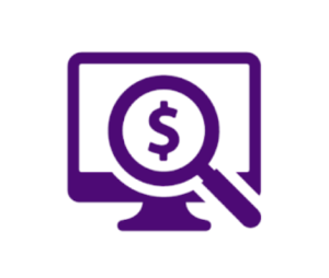 Icon of a magnifying glass with a dollar sign in the centre hovering over a computer screen