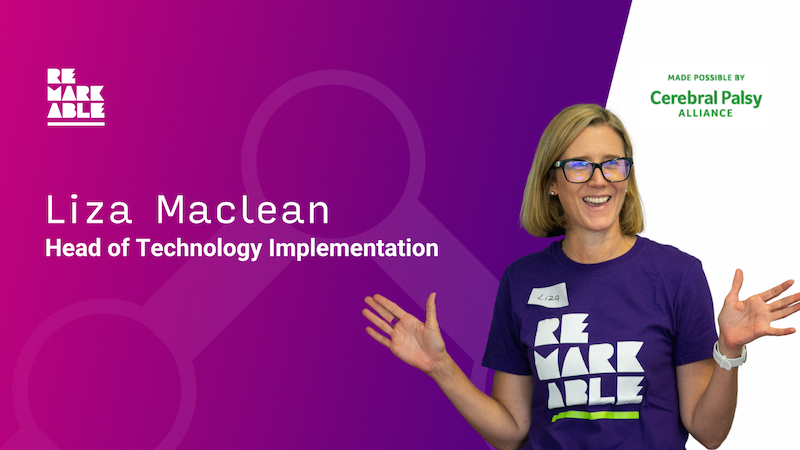Purple and pink background with white text 'Liza Maclean, Head of Tech Implementation' to the right is an image of Liza holding her hands up and smiling, wearing a purple Remarkable t-shirt and black glasses.