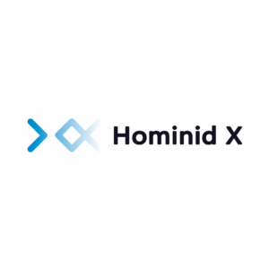 Hominid X logo which features a graphic of Xs in white and blue alongside text ‘hominid x’.