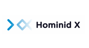 Hominid X logo which features a graphic of Xs in white and blue alongside text ‘hominid x’.