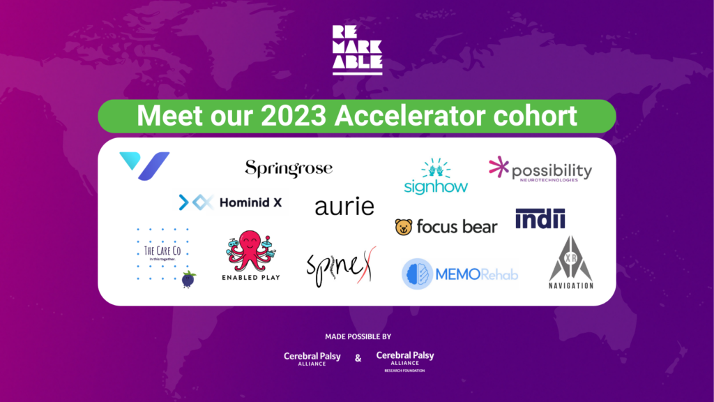 Banner featuring purple and pink background with centered white text 'Meet our 2023 Accelerator cohort' and beneath the heading is a white box that includes the 13 logos of the startups participating in the accelerator program.