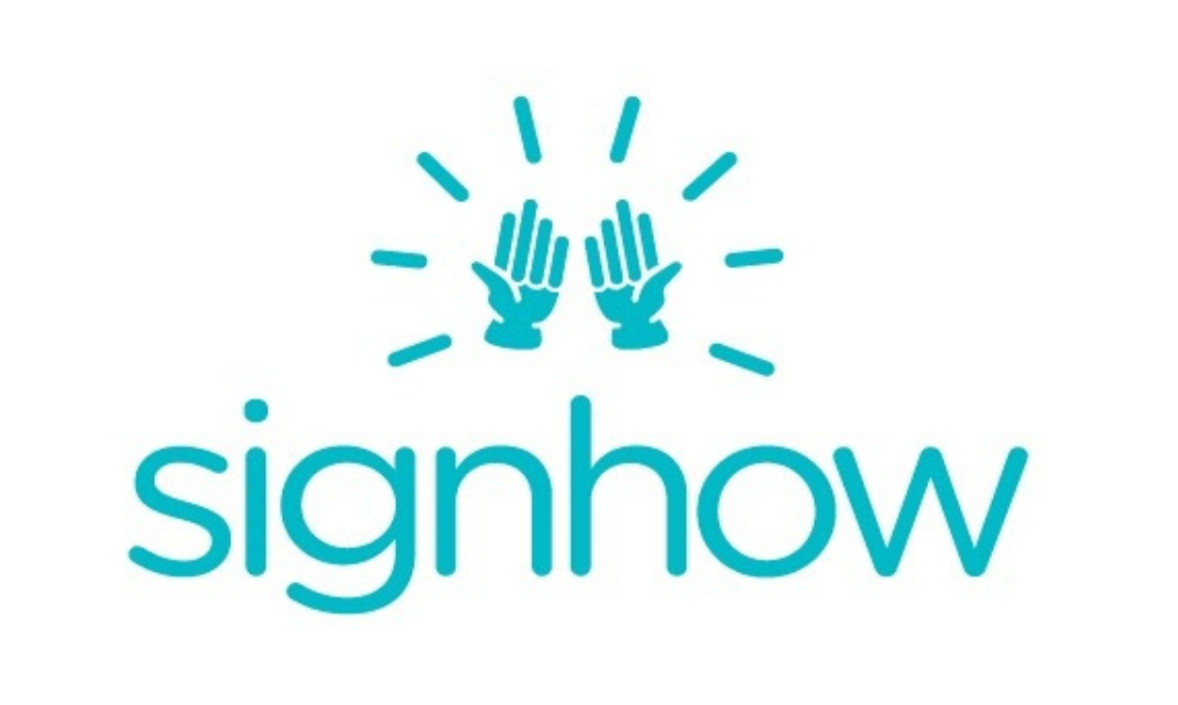 SignHow logo which features a light below graphic of two hands with lines around them. Under this is the lowercase text ‘signhow’.