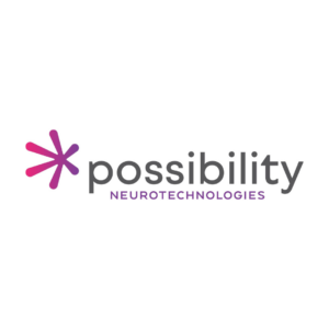 Possibility Neurotechnologies logo which features a purple spark graphic alongside lowercase text ‘possibility’. Below this text in smaller, uppercase is purple text ‘neurotechnologies’.