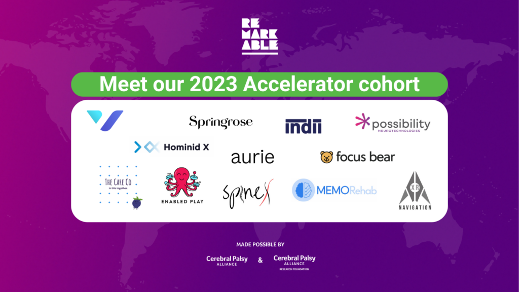 Banner featuring purple and pink background with centered white text 'Meet our 2023 Accelerator cohort' and beneath the heading is a white box that includes the 13 logos of the startups participating in the accelerator program.