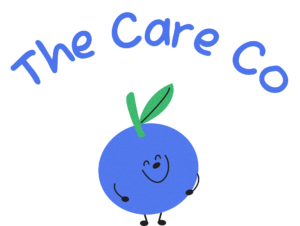 The Care Co logo featuring a blue graphic of a personified blueberry graphic that has a smiley face.