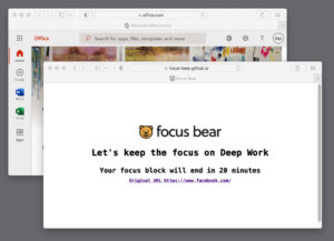 Screenshot of the Focus bear site block feature which is a pop up that appears with the text 'lets keep the focus on deep work. Your focus block will end in 20 minutes.