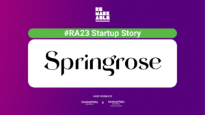 Purple tile with white and green boxes in the middle that include text '#RA23 Startup Story' and the Springrose logo.