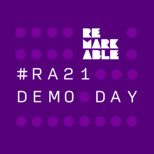 Purple tile with white text '#RA21 Demo Day' with white Remarkable logo