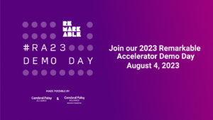 Purple and pink background with RA23 logo to the left and the text 'Join our 2023 Remarkable Accelerator Demo Day August 4, 2023'