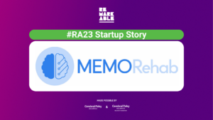 Purple background with Remarkable logo. White bold text heading ‘#RA23 Startup Story’. MEMORehab logo is in the centre. At the bottom is ‘Made possible by Cerebral Palsy Alliance and Cerebral Palsy Alliance Research Foundation.
