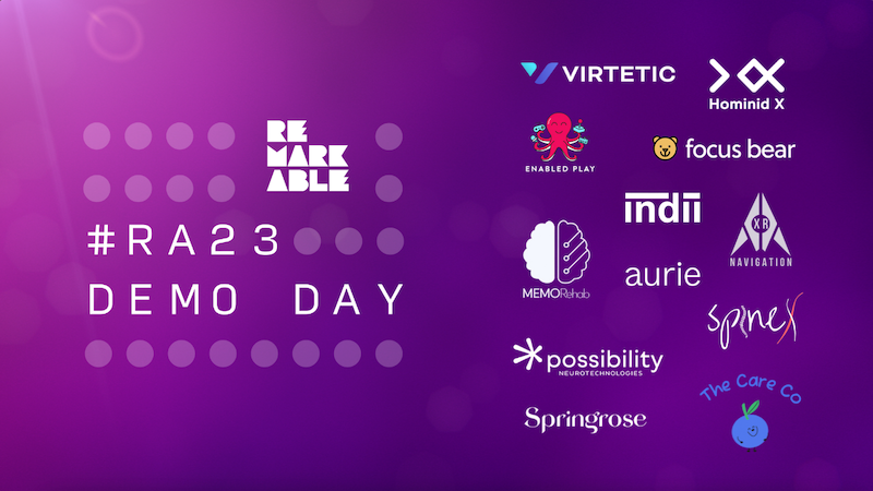 Purple background featuring Remarkable logo and the 12 logos of the startups pitching at Demo Day.
