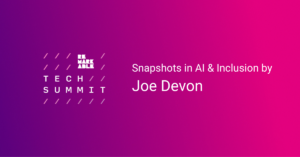 Rectangular tile in purple and pink gradient. Remarkable Tech Summit logo features on the left with the heading on the right ‘Fireside chat with Joe Devon'