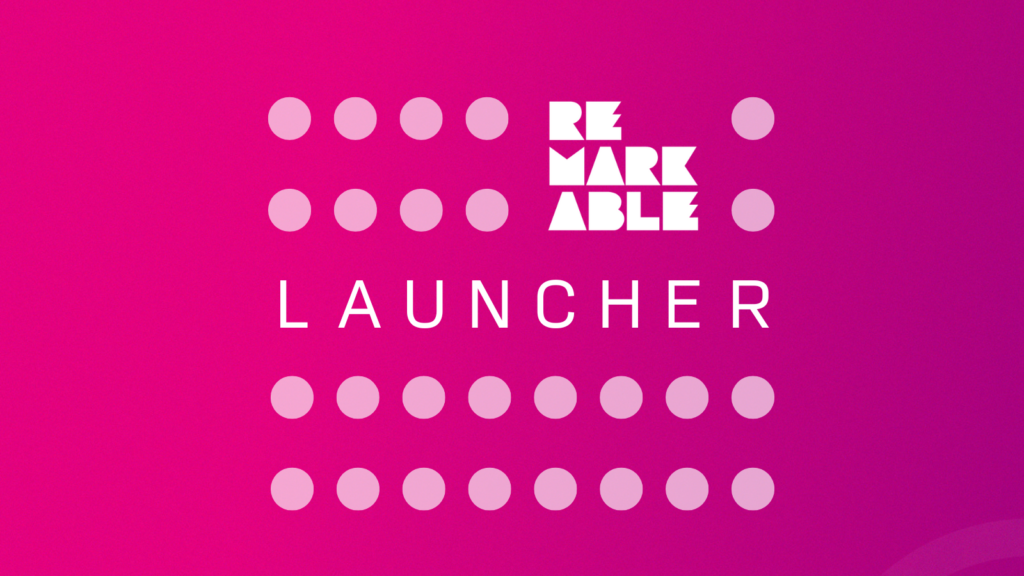 Launcher logo that features light pink dot graphics on pink background and white text ‘Launcher’ with the Remarkable logo.
