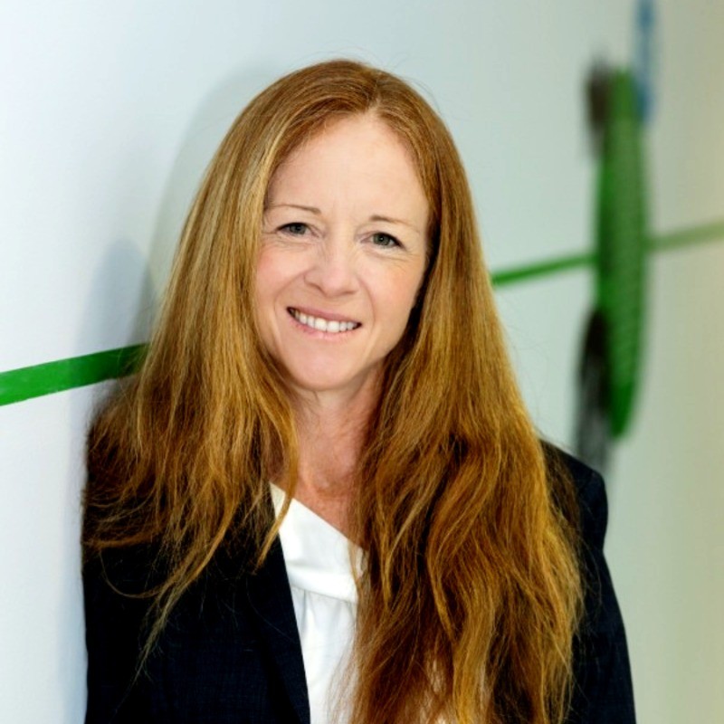 Individual with long red hair smiling, wearing a dark blazer and white shirt, standing in front of a pale background with a green line.