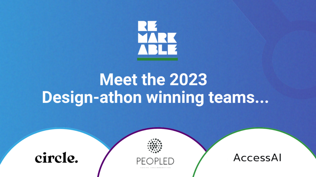 Promotional graphic announcing the winners of the 2023 Design-athon, featuring logos for "circle.", "Peopled", and "AccessAI".