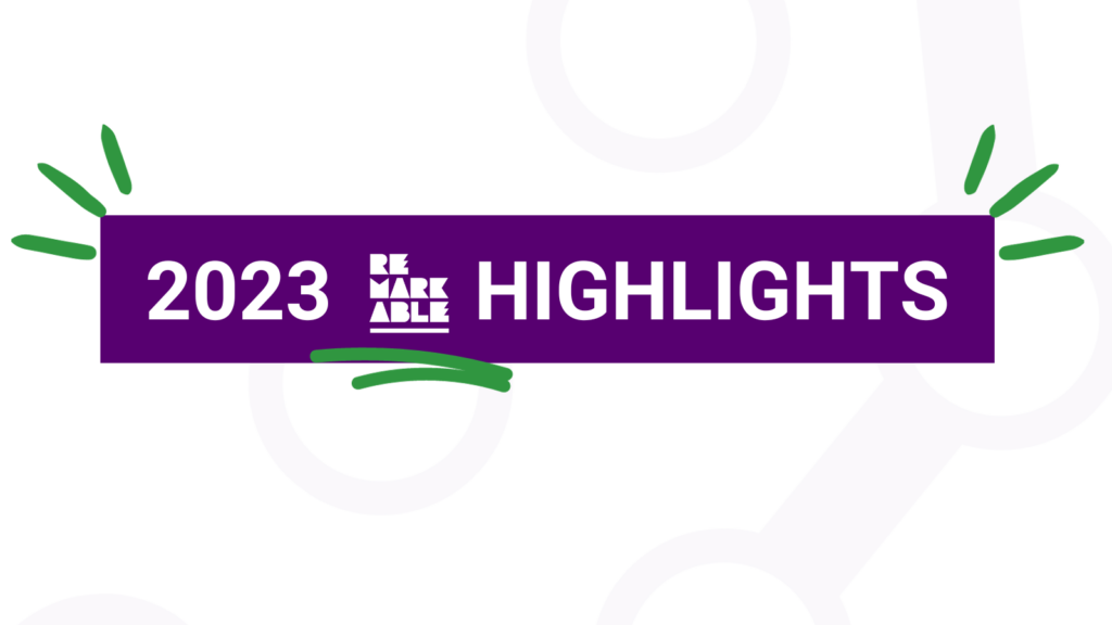 White tile with purple centred banner that features bold white text '2023 Remarkable Highlights'