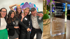 A collage showing some of the Remarkable team celebrating at the Australian Impact Investment Awards beside a close-up of the award trophy for Impact Market Builder of 2023.