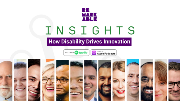 Collage of smiling guests from Season 2 Remarkable Insights above text "How Disability Drives Innovation" with Remarkable Insights logo and Spotify and Apple Podcast logos.