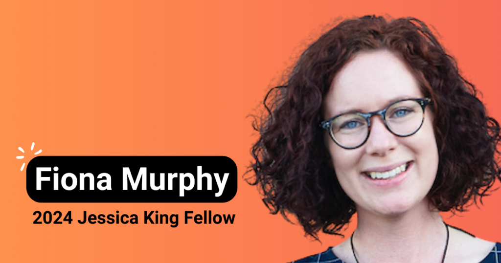 Orange tile with text “Fiona Murphy, Writer, 2024 Fellow” alongside a headshot of a white woman with short dark hair. She is wearing glasses and is smiling.