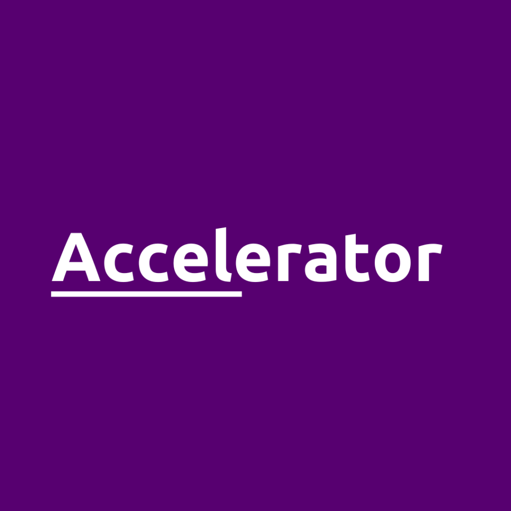 A tile with a purple background and the word "Accelerator" in white font in the centre.