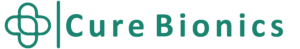 Cure Bionics logo, which is the company name written in bold, teal font accompanied by patterned, cross, teal graphic. 