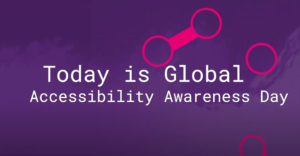 Purple textured background which includes pink graphics that symbolise a link, accompanied by white text that reads ‘Today is Global Accessibility Awareness Day’.