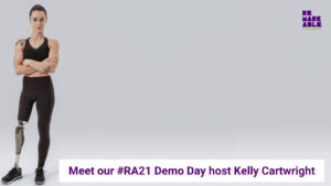 Image of Kelly Cartwright standing with grey background with text "Meet our #RA21 Demo Day host Kelly Cartwright" and Remarkable logo.