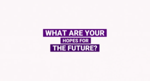 centred white text that is highlighted with bright purple colour reading 'What are your hopes for the future?'