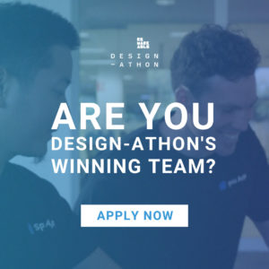 Two people smiling in the background with Remarkable Design-athon logo and text "Are you Design-athon's Winning team? Apply now in the foreground.