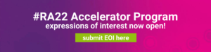 Purple and pink background with bold white text in the centre that reads ‘RA22 Accelerator program expressions of interest’ underneath is a green box with white text that reads ‘submit EOI here’