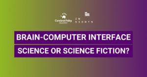 green and purple background. Centred is large bold white text 'Brain-computer interface science or science fiction?'